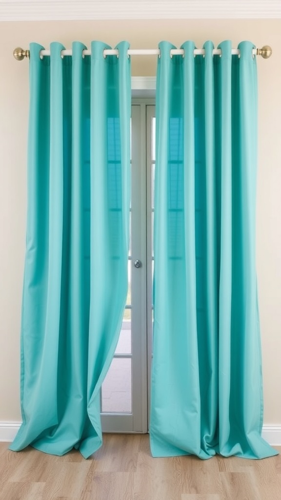 Aqua curtains hanging in a window, complementing beige walls.
