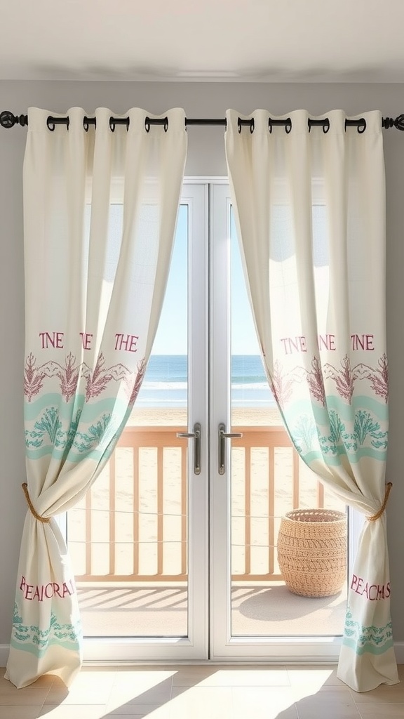 Coastal inspired linen drapes hanging in front of sliding glass doors with a beach view