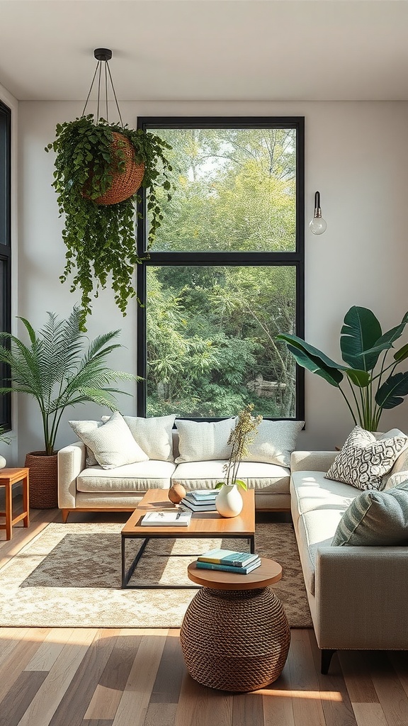 A cozy living room with large windows, plants, and neutral-toned furniture