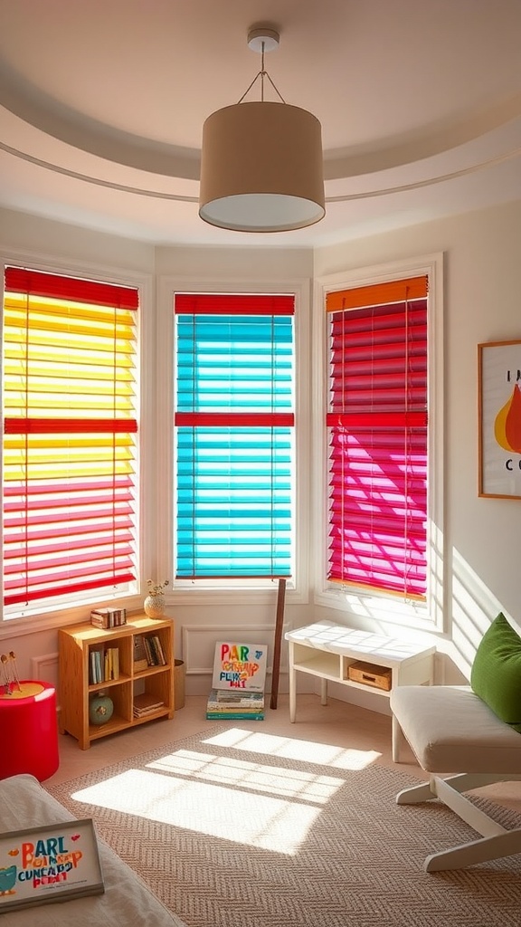 A bright and cheerful room featuring colorful blinds, yellow chairs, and a wooden table.