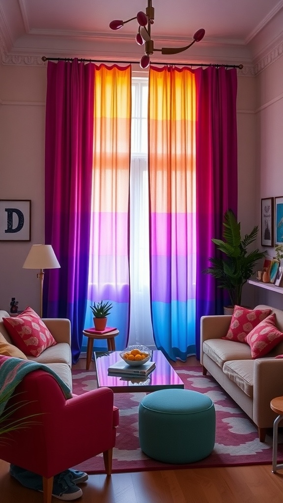 A cozy living room featuring colorful ombre curtains in orange and purple, with stylish furniture and decor.