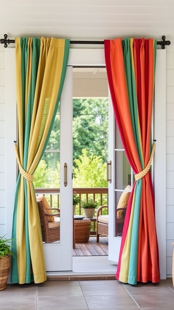 Colorful tie-back curtains framing a patio door, showcasing vibrant colors and a cozy seating area.