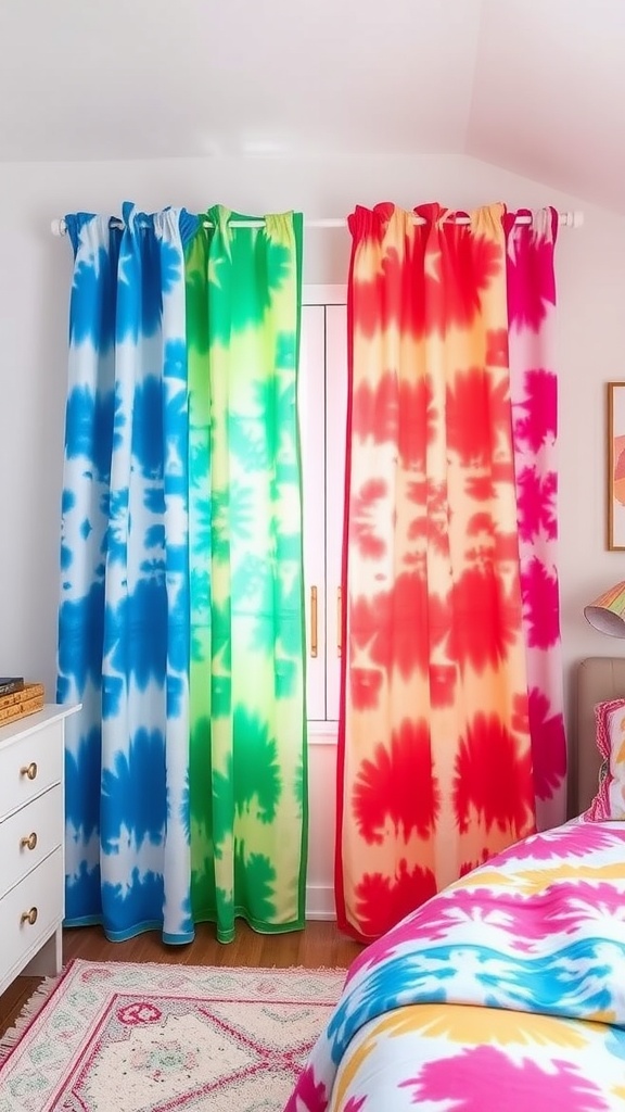 Colorful tie-dye drapes in a bedroom setting