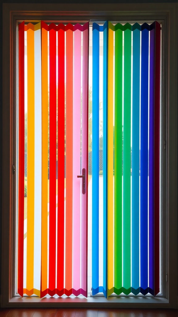 Colorful vertical blinds in vibrant hues covering a patio door