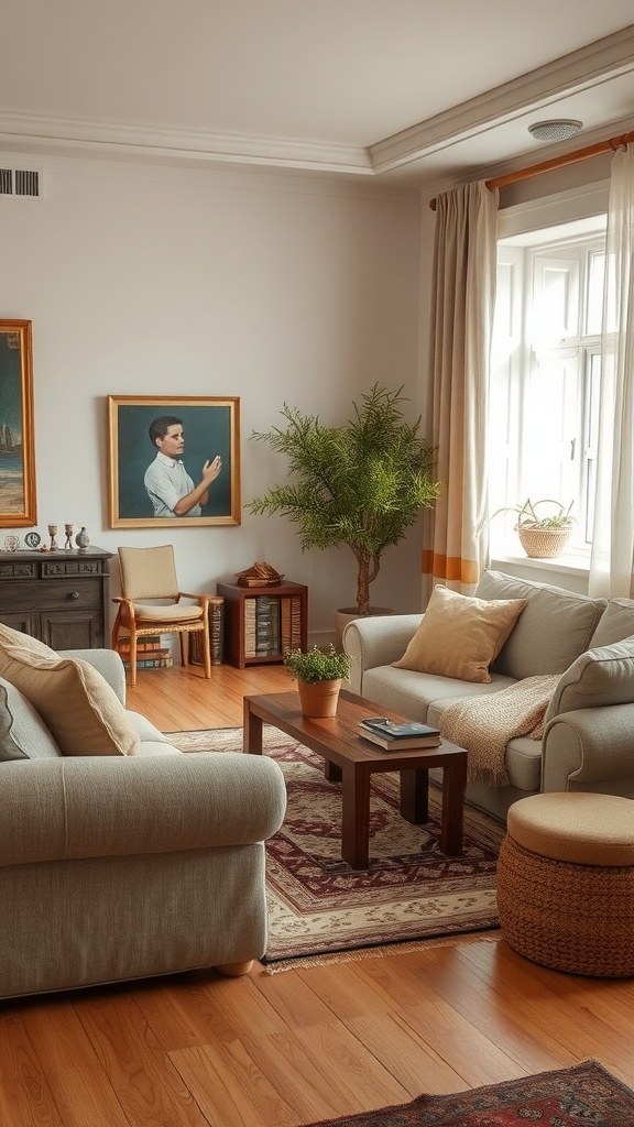 A cozy living room featuring natural fabrics and earthy tones with comfortable seating.