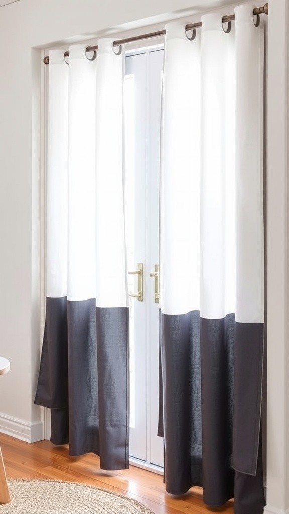 Compact sliding panel curtains with a white and dark gray design for patio doors.