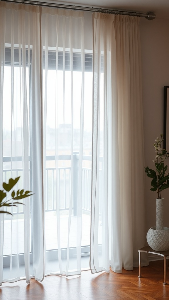 Sheer curtains on a sliding glass door, allowing soft light to filter through