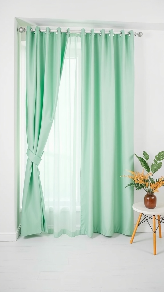 Mint green curtains hanging in a bright room with white walls and a small table with plants.
