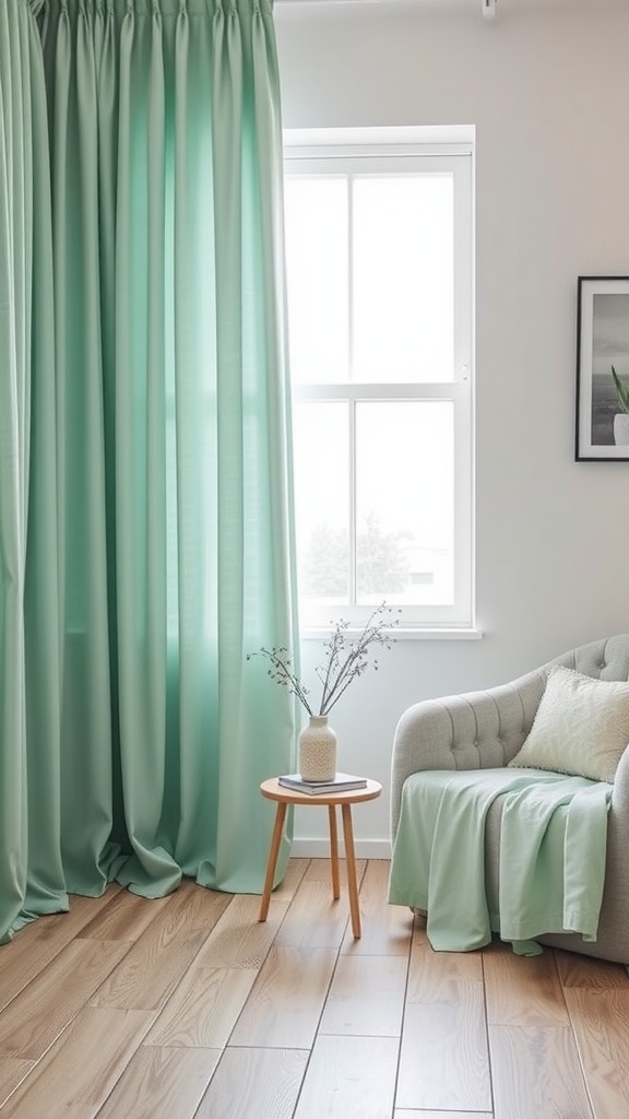 Mint green curtains hanging next to a window in a cozy room, with a grey chair and wooden floor.