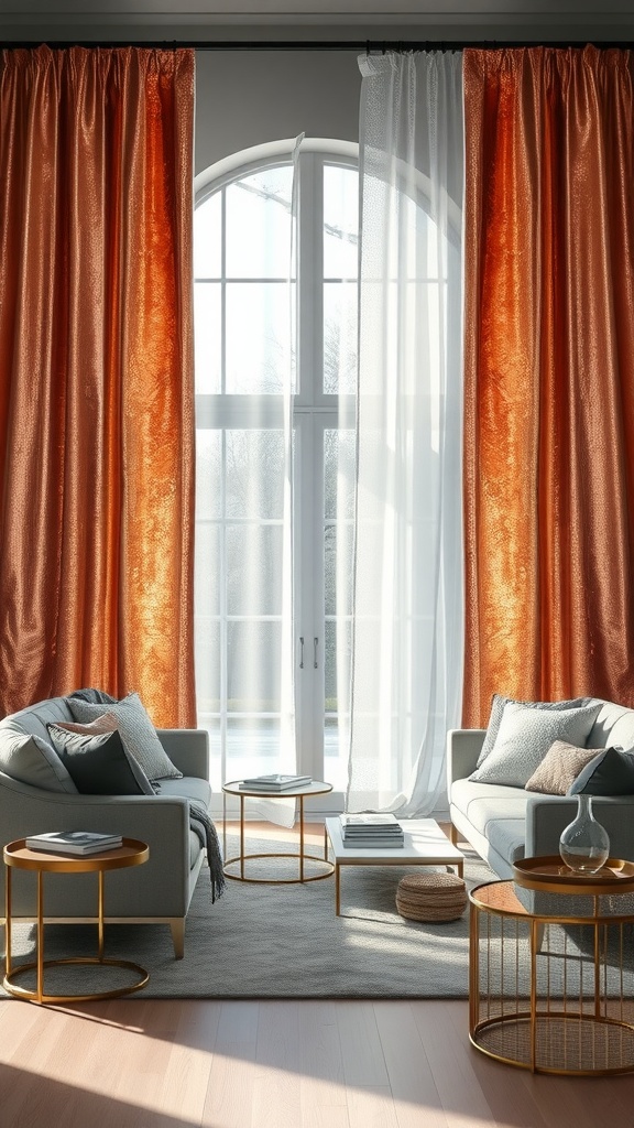 Living room with copper metallic drapes and a modern decor