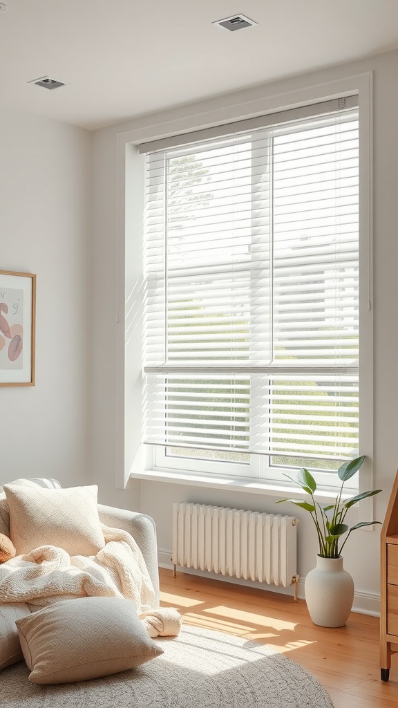 Bright room with cordless blinds and a cozy sofa
