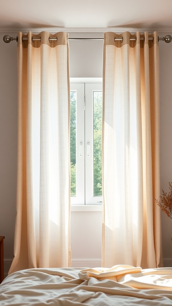 Light-colored cotton canvas curtains draped by a window in a bedroom, allowing natural light to filter through.
