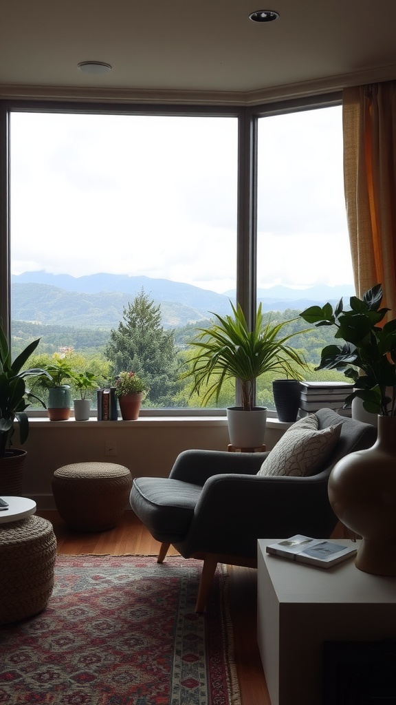 Cozy reading nook with a view of autumn trees and an open book
