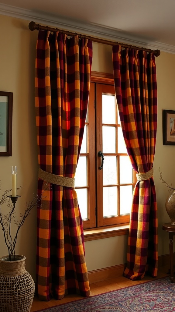 Cozy flannel curtains in plaid pattern hanging by a window in a warm-toned room.