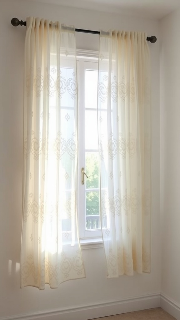 Creamy ivory lace curtains hanging in front of a window