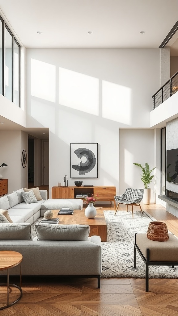 A beautifully designed earthy living room with large windows, comfortable furniture, and natural elements.