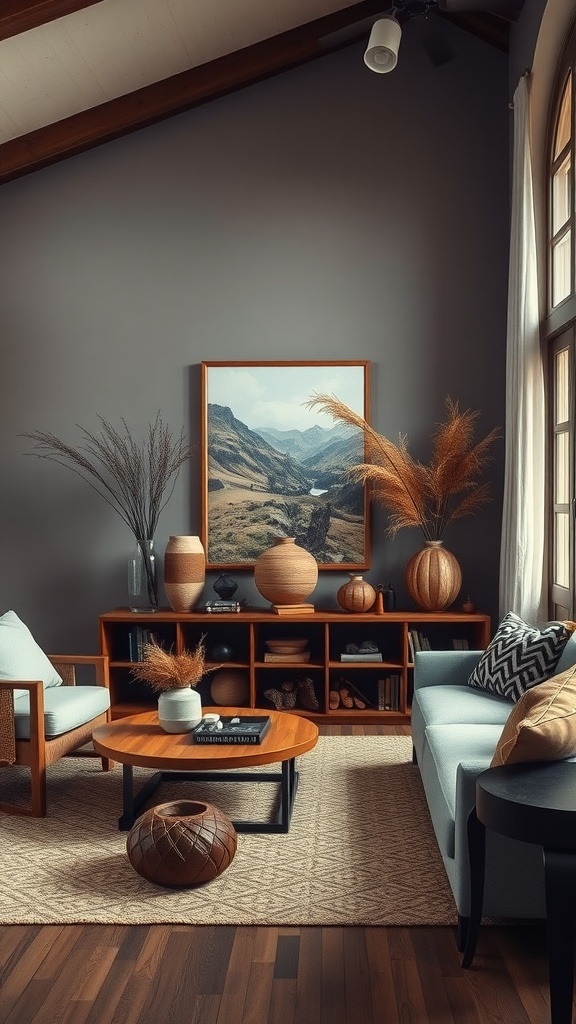 A stylish earthy living room featuring a landscape painting, wooden vases, and soft furnishings.