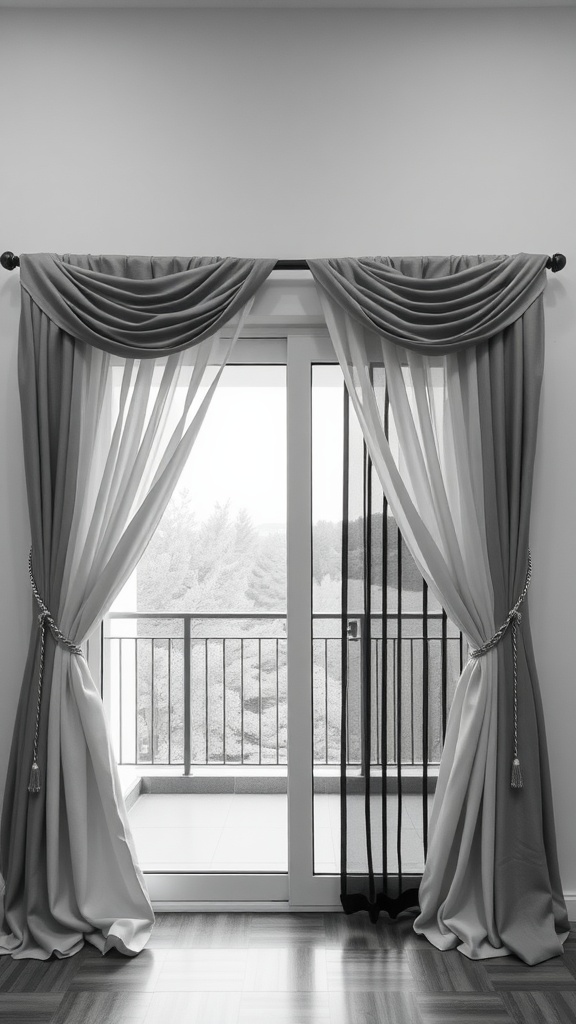Curtain panels with decorative tiebacks framing a sliding glass door