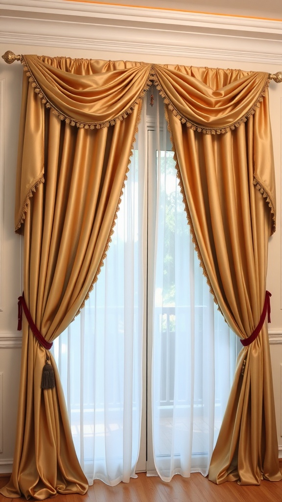 Luxurious golden curtains with sheer white fabric on sliding glass doors.