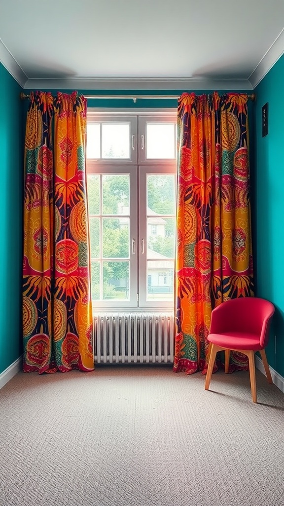 Brightly patterned curtains in a teal room with a pink chair