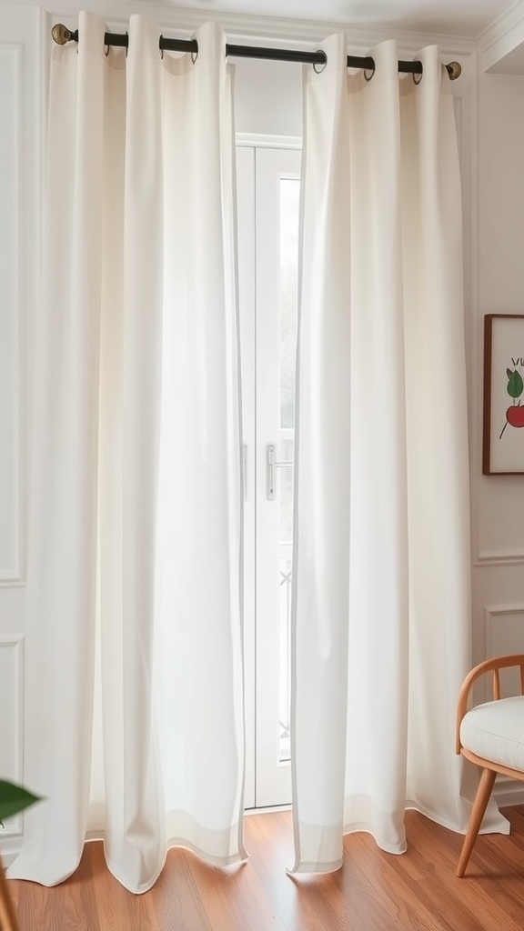 White grommet top curtains hanging in front of a window
