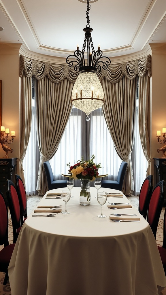 A formal dining room with elegant curtains and tiebacks, featuring a chandelier and a set dining table.