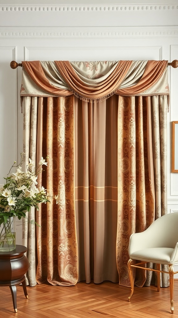 Beautiful custom-made curtains in warm tones, elegantly draped and enhancing the room's decor.
