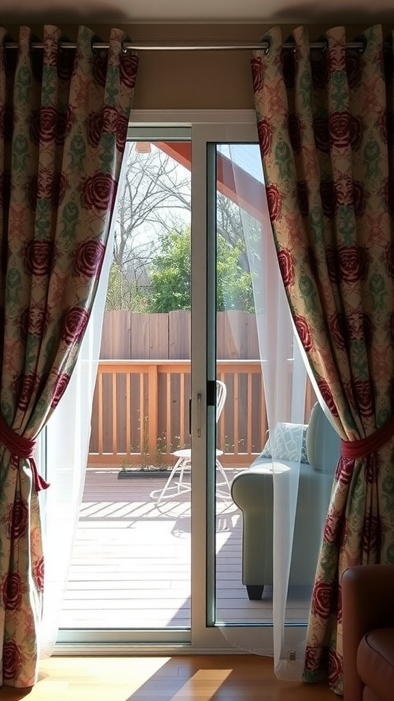 Custom floral drapes framing a sliding glass door leading to a deck