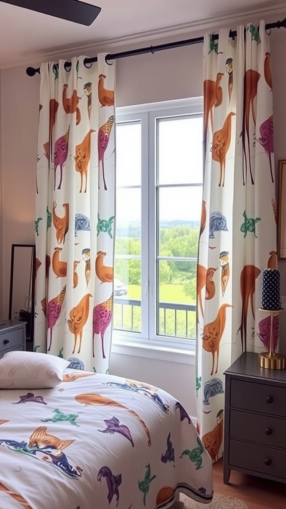 Custom printed curtains with unique text and urban silhouettes in a cozy bedroom setting