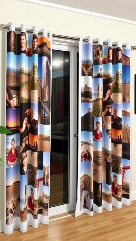 Custom printed photo curtains featuring various images and text, enhancing a sliding glass door