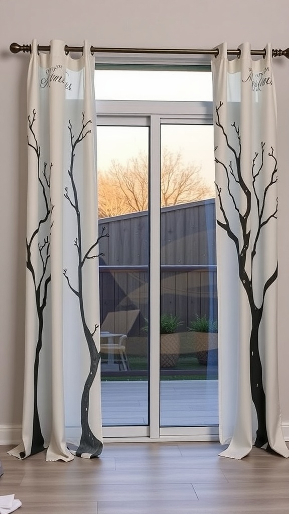 Customized white curtains with tree branch design hanging over sliding glass door