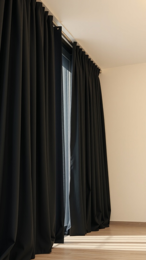 Black curtains hanging in a room with cream walls.