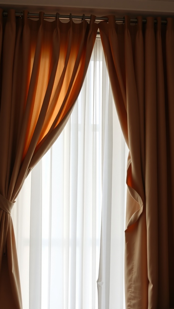 Image showing decorative curtains with an orange accent and sheer panel, highlighting curtain rods.