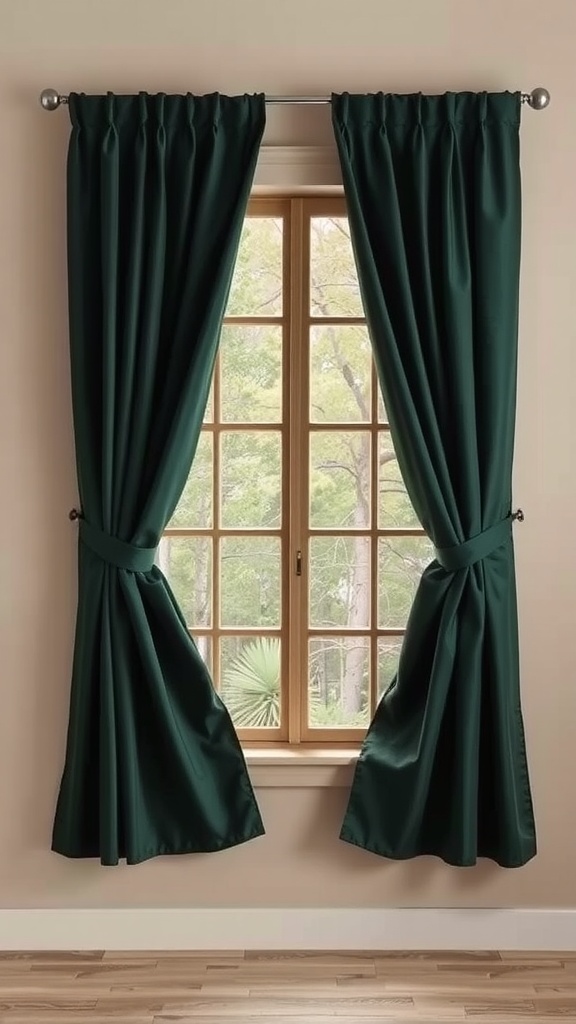Deep forest green drapes hanging by a window with beige walls