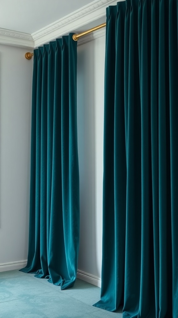 Deep teal velvet drapes hanging elegantly in a room with white walls.