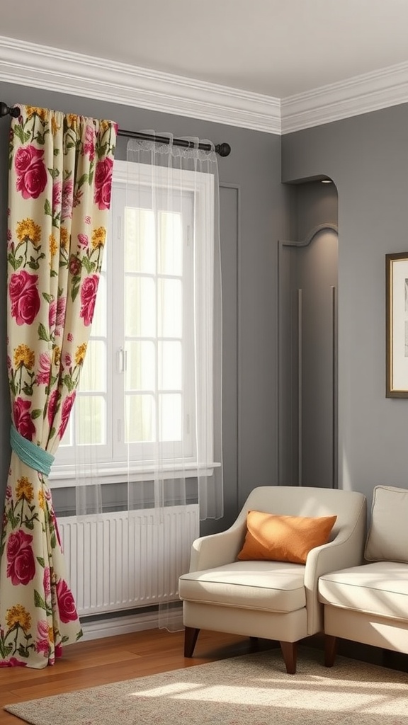 A cozy room with grey walls and floral print drapes, featuring a comfortable seating area.
