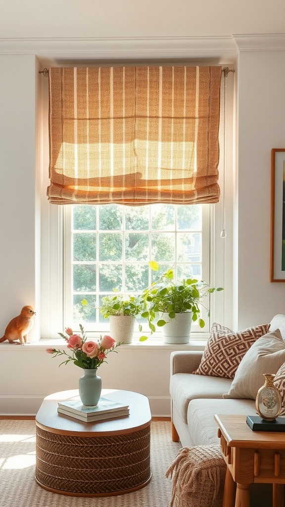 A cozy living room with DIY fabric Roman shades on a large window, showcasing a soft, patterned design that complements the decor.