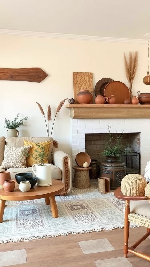 Cozy living room featuring earthy pottery, wooden accessories, and soft greenery