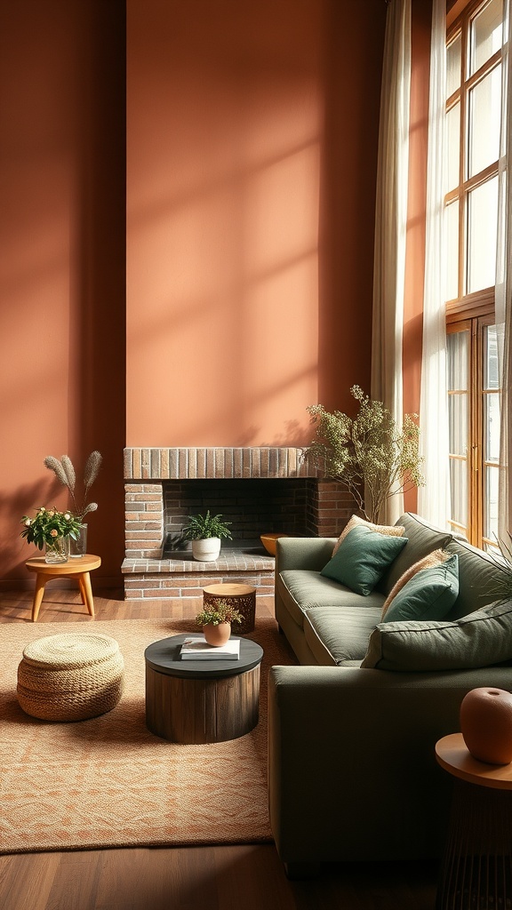 Cozy living room with terracotta walls and a green sofa, featuring large windows and plants