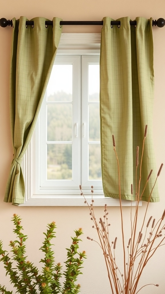 Earthy green linen curtain panels framing a bright window