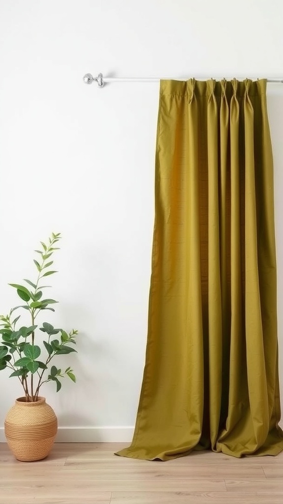 Earthy olive green curtains hanging against white walls with a plant in a pot beside them