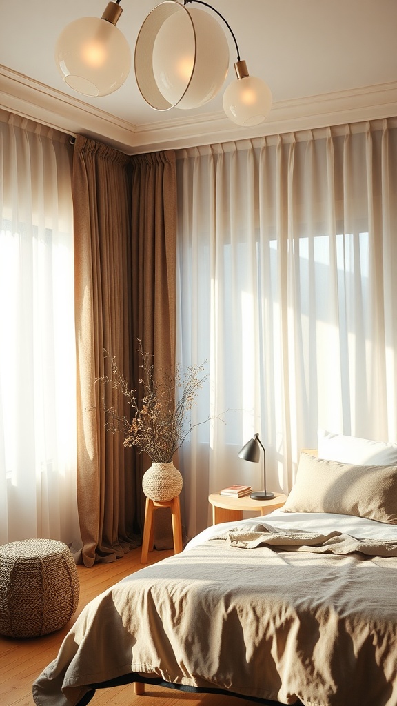 A beautifully decorated bedroom featuring earthy tone curtains, soft bedding, and natural light.