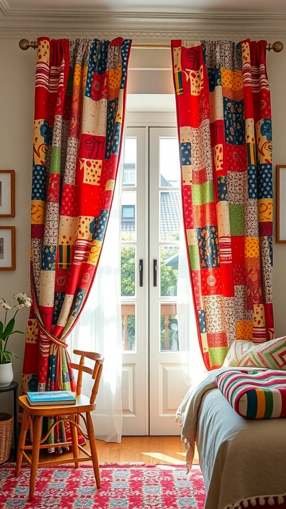 Colorful patchwork curtains in a bright bedroom setting