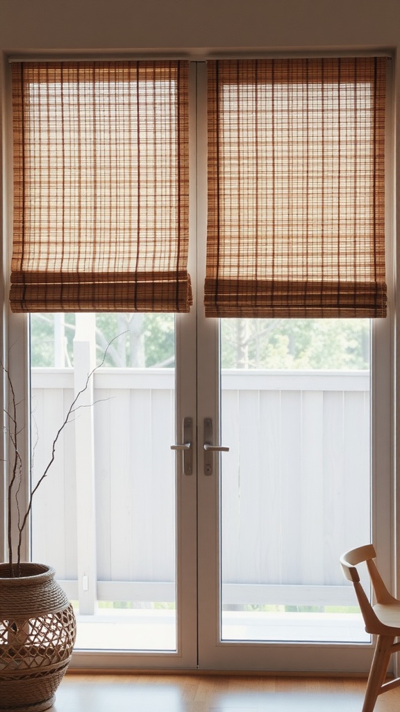 Eco-friendly bamboo shades covering sliding glass door