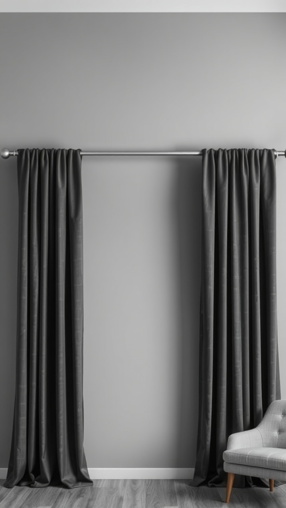 Charcoal grey curtain panels hanging on a grey wall with a modern chair nearby.
