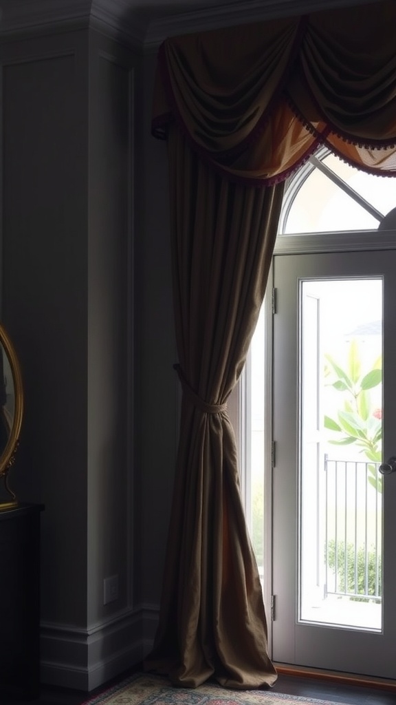 Elegant drapery with tiebacks framing a patio door.