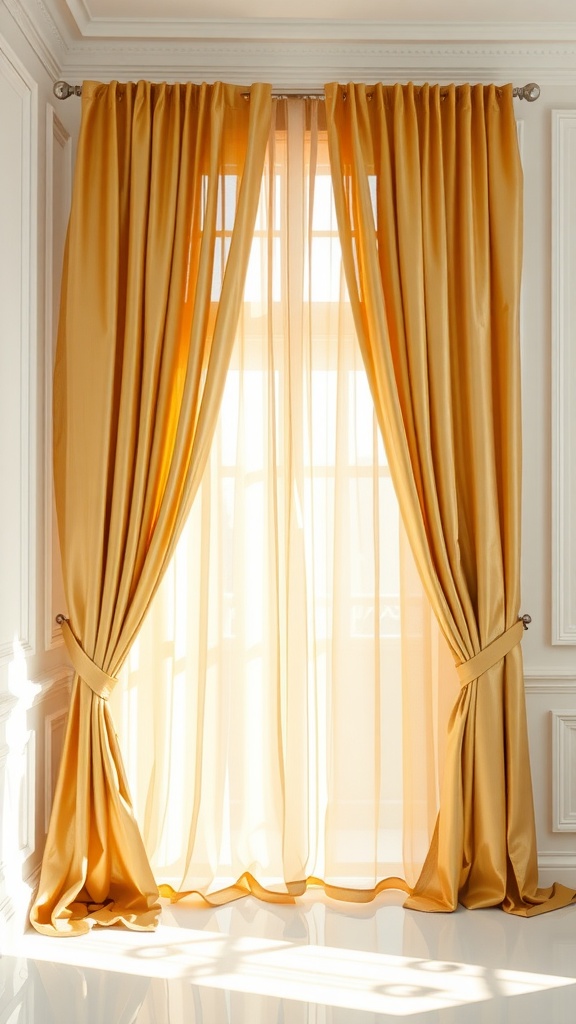 Elegant gold sheer drapes hanging in a bright room with white walls.