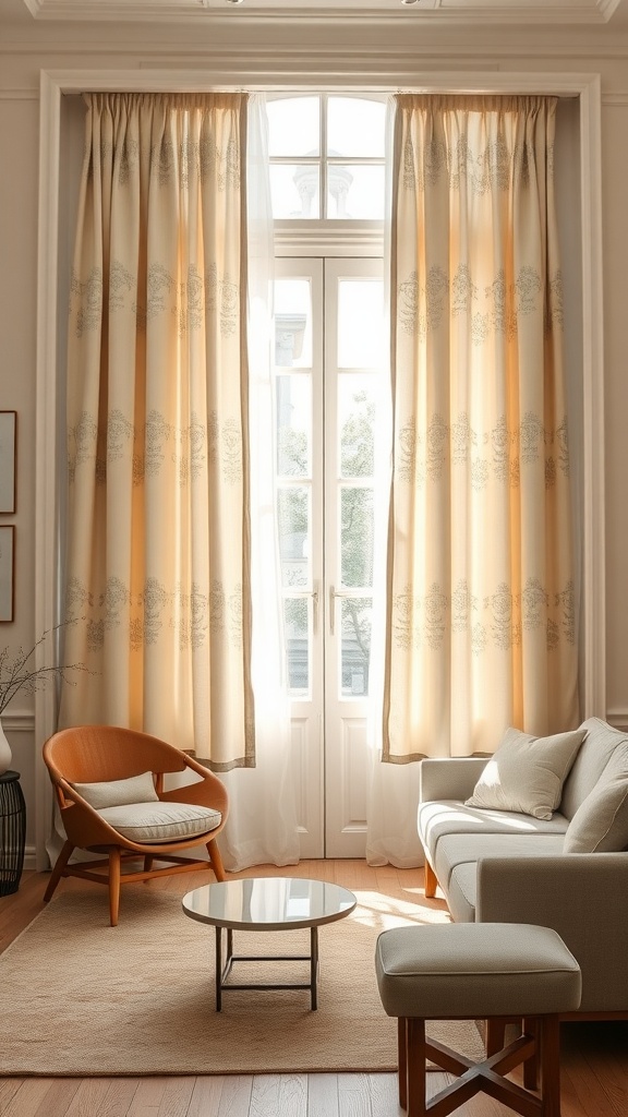 A living room featuring elegant linen curtains, a cozy chair, and a modern coffee table.
