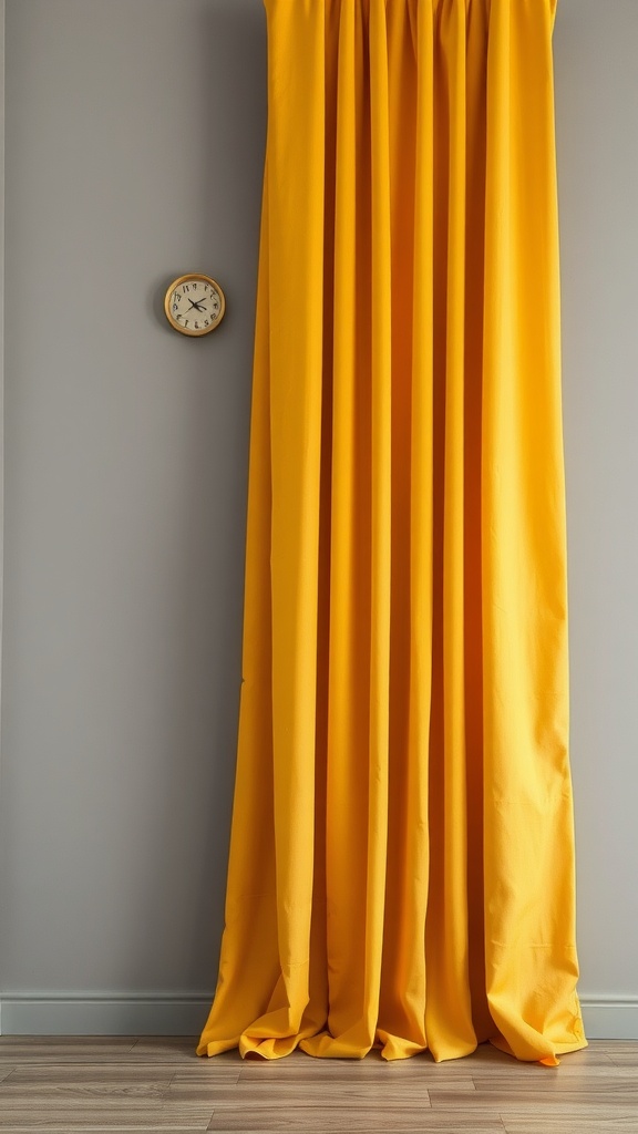 Mustard yellow curtains hanging against grey walls with a small clock on the wall.