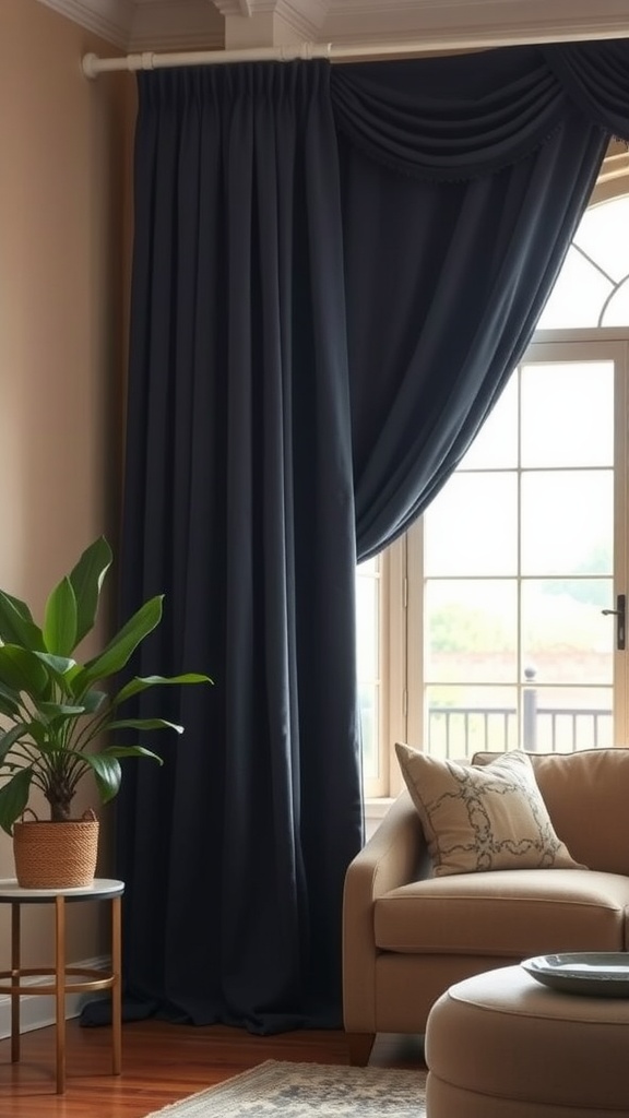 Elegant navy blue drapes hang by a window in a cozy room with beige walls and natural light.